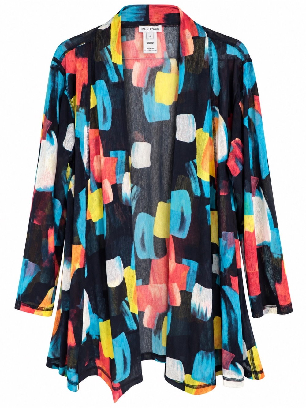 Multiples Women’s XL Abstract Print Sheer Cardigan Open Front Artsy Colorful Top